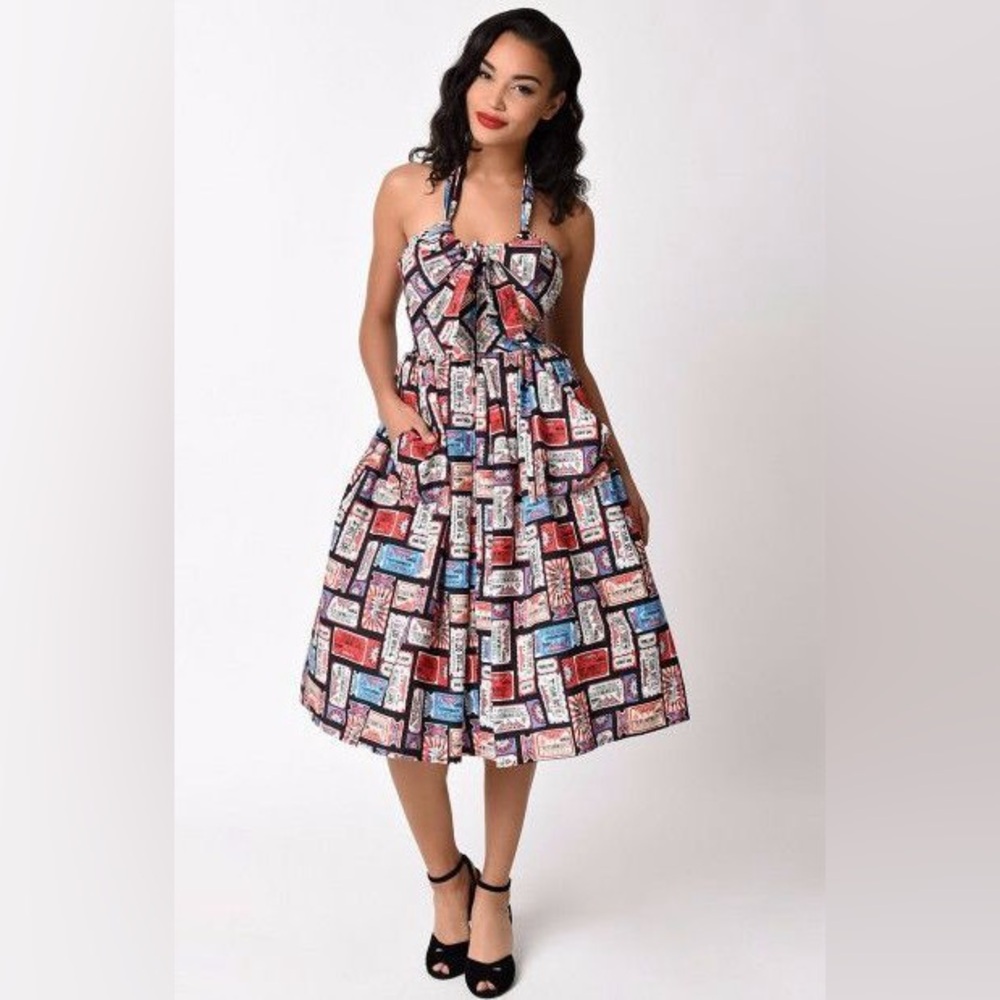 Unique Vintage Ticket Print Halter Swing Dress
